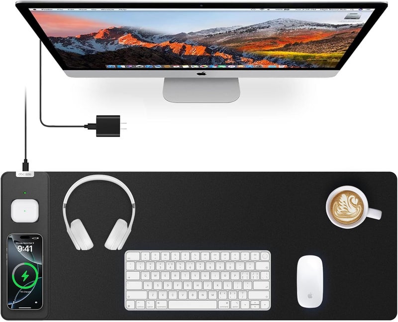 abc.mat Magnetic Wireless Charging Mouse Pad, 27.5"x11.8" Gaming Desk Mat for Keyboard/Laptop, Non-Slip Base & 20W PD Adapter, Waterproof Smooth Desk Writing Pad for Gamer, Office & Home, Black - Image 1